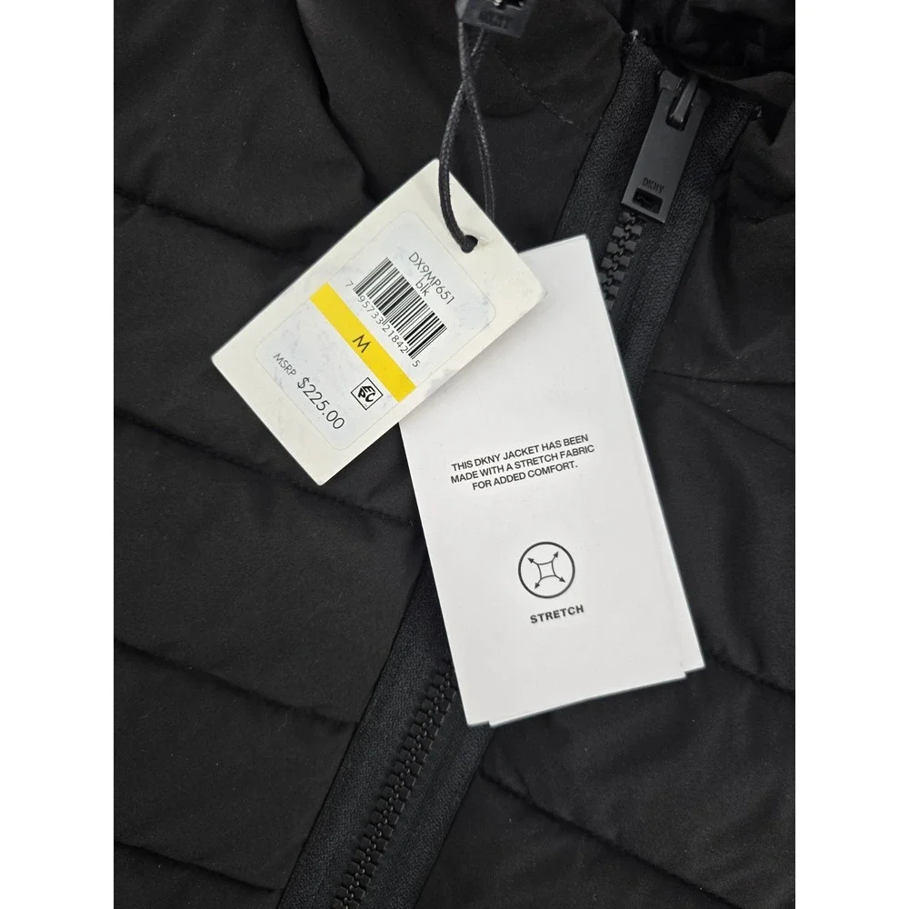 DKNY Quilted‎ Hooded Bomber Puffy Jacket Mens Sz M Black 4 Way Stretch NWT - Picture 2 of 10